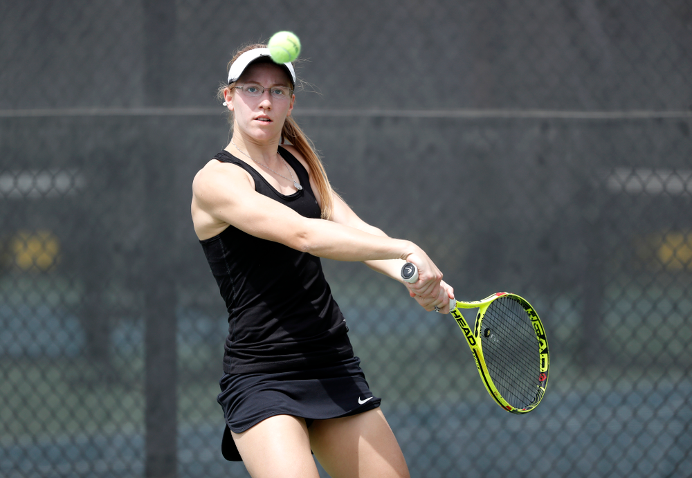 Iowa's Montana Crawford against the Wisconsin Badgers Sunday, April 22, 2018 at the Hawkeye Tennis and Recreation Center. (Brian Ray/hawkeyesports.com)