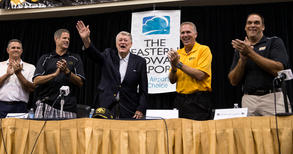 Former Hawkeye Football Head Coach Hayden Fry waves to the crowd following a panel discussion with former quarterback Chuck Long during a panel discussion at Fry Fest Friday, Aug. 29, 2014 in Coralville. (Brian Ray/hawkeyesports.com)