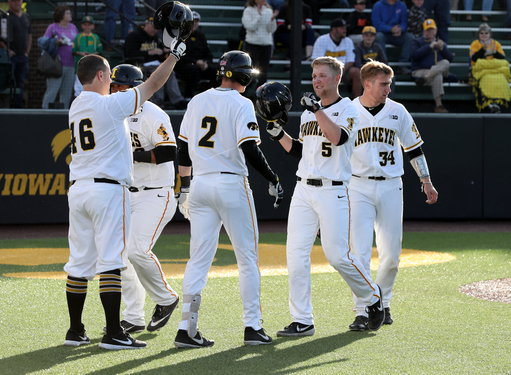 Iowa Hawkeyes Zeb Adreon (5) celebrates after hitting a grand slam against the Michigan State Spartans Friday, May 10, 2019 at Duane Banks Field. (Brian Ray/hawkeyesports.com)