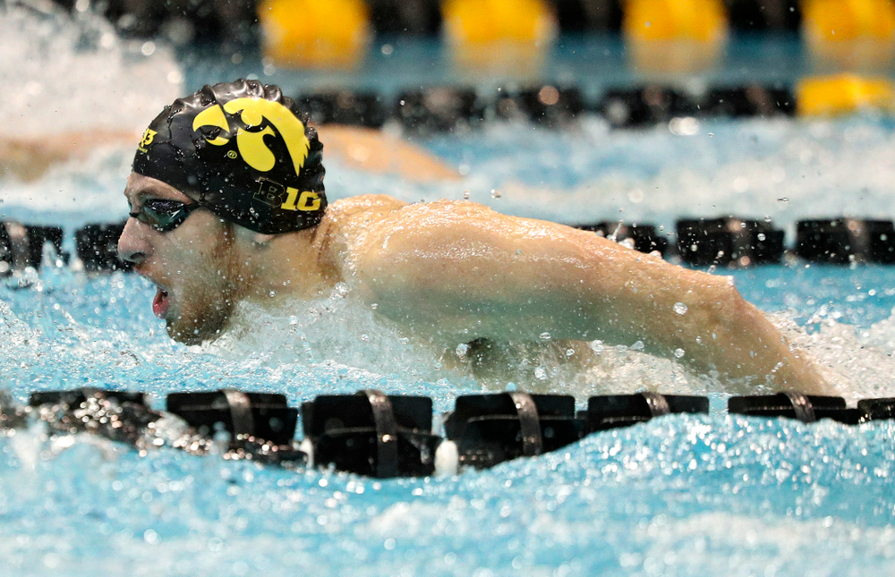 Iowa’s Jackson Allmon swims the men’s 200-yard butterfly event during their meet against Michigan State and Northern Iowa at the Campus Recreation and Wellness Center in Iowa City on Friday, Oct 4, 2019. (Stephen Mally/hawkeyesports.com)