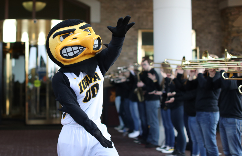 Herky The Hawk during a send off at the hotel before their game against the NC State Wolfpack in the regional semi-final of the 2019 NCAA Women's College Basketball Tournament Saturday, March 30, 2019 at Greensboro Coliseum in Greensboro, NC.(Brian Ray/hawkeyesports.com)