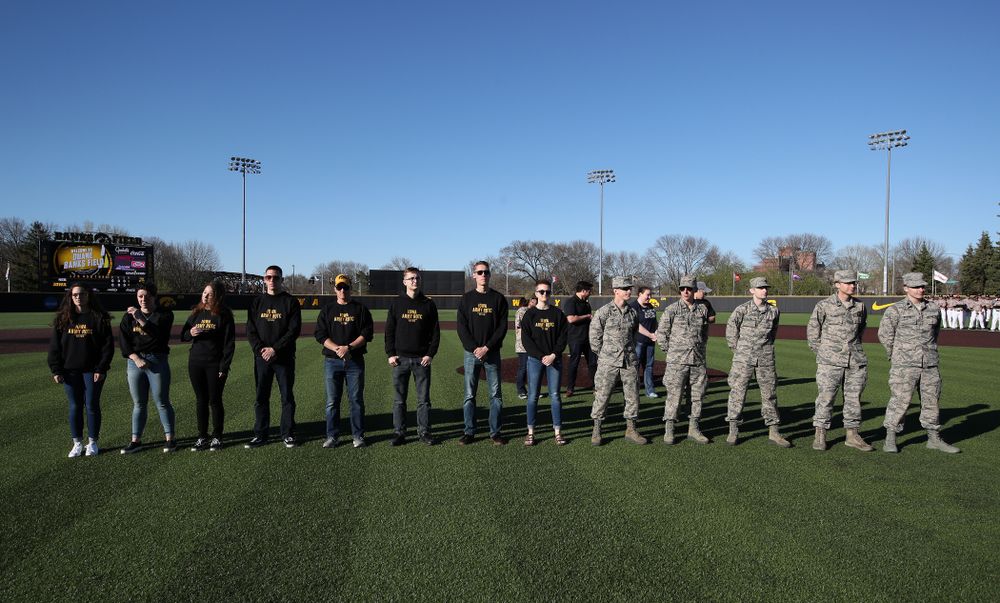 Members of the University of Iowa ROTC are honored before the Iowa Hawkeyes game against the Nebraska Cornhuskers on Military Appreciation Night Friday, April 19, 2019 at Duane Banks Field. (Brian Ray/hawkeyesports.com)