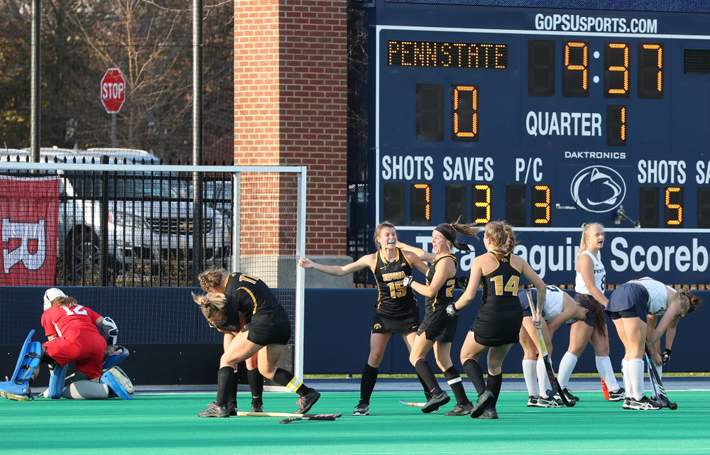 The Iowa Hawkeyes celebrate their game winning goal against Penn State in the 2019 Big Ten Field Hockey Tournament Championship Game Sunday, November 10, 2019 in State College. (Brian Ray/hawkeyesports.com)