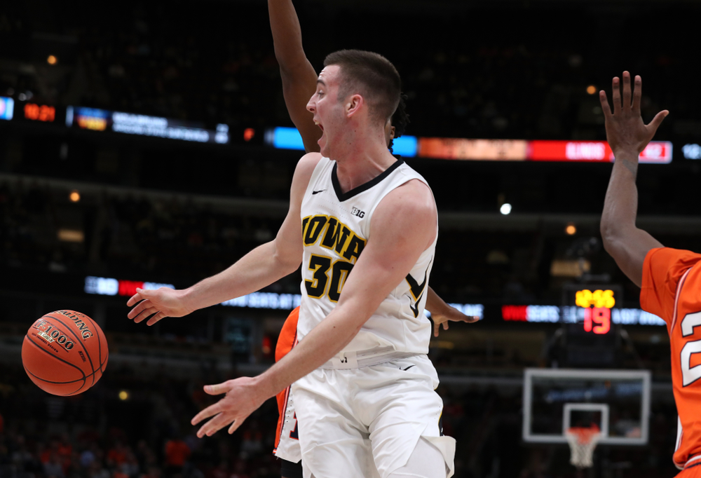 Iowa Hawkeyes guard Connor McCaffery (30) against the Illinois Fighting Illini in the 2019 Big Ten Men's Basketball Tournament Thursday, March 14, 2019 at the United Center in Chicago. (Brian Ray/hawkeyesports.com)