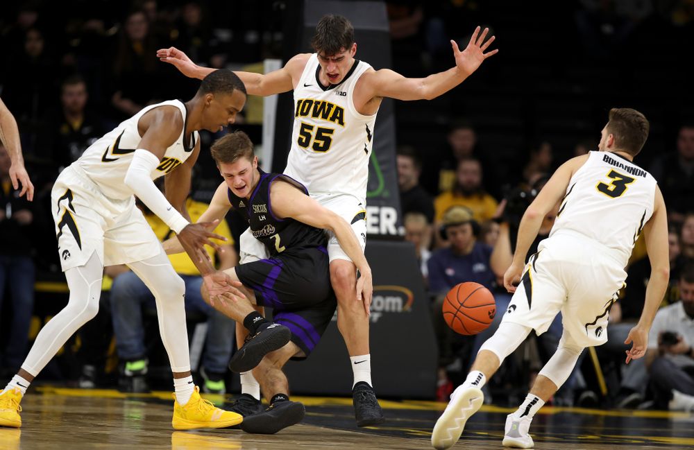 Iowa Hawkeyes guard Maishe Dailey (1), and forward Luka Garza (55) against the Western Carolina Catamounts Tuesday, December 18, 2018 at Carver-Hawkeye Arena. (Brian Ray/hawkeyesports.com)