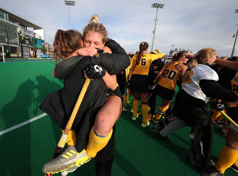 Iowa Hawkeyes Ellie Holley (7) celebrates their 2-1 victory over the Michigan Wolverines in the semi-finals of the Big Ten Tournament Friday, November 2, 2018 at Lakeside Field on the campus of Northwestern University in Evanston, Ill. (Brian Ray/hawkeyesports.com)