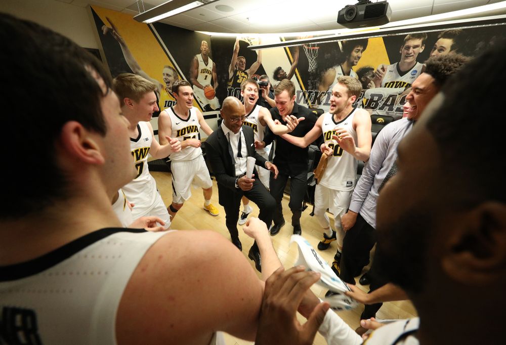 Iowa Hawkeyes assistant coach Sherman Dillard dances in the locker room following their victory over the Michigan Wolverines Friday, February 1, 2019 at Carver-Hawkeye Arena. (Brian Ray/hawkeyesports.com)