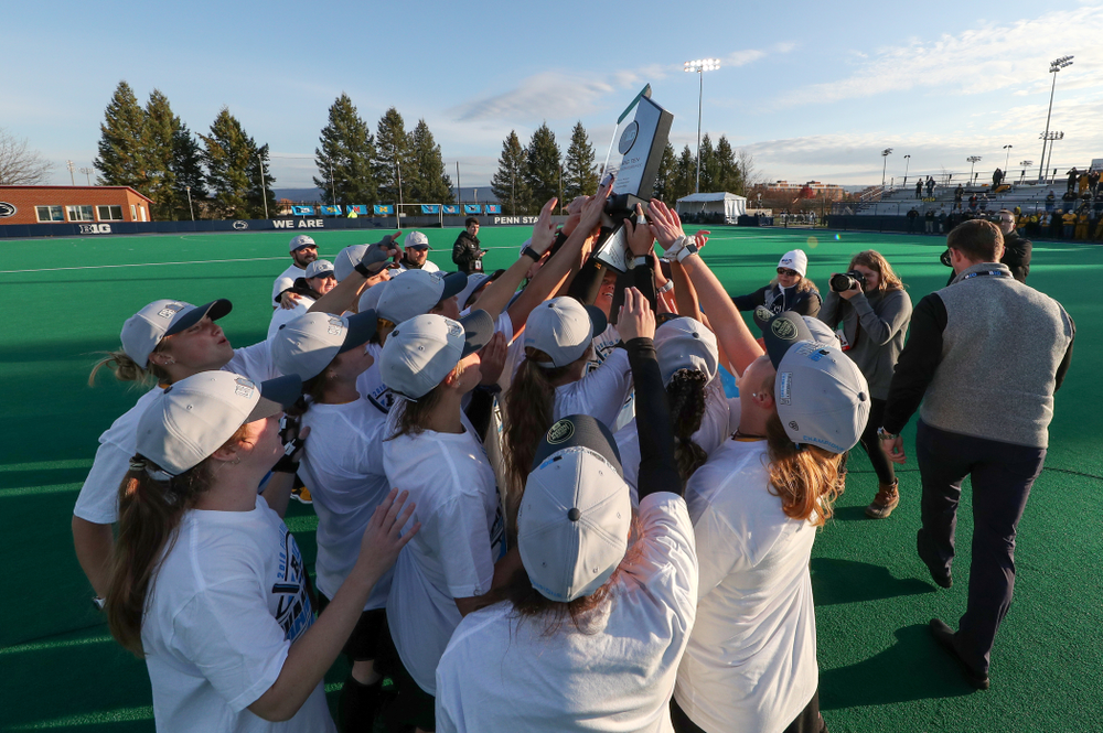 The Iowa Hawkeyes celebrate their victory over Penn State in the 2019 Big Ten Field Hockey Tournament Championship Game Sunday, November 10, 2019 in State College. (Brian Ray/hawkeyesports.com)