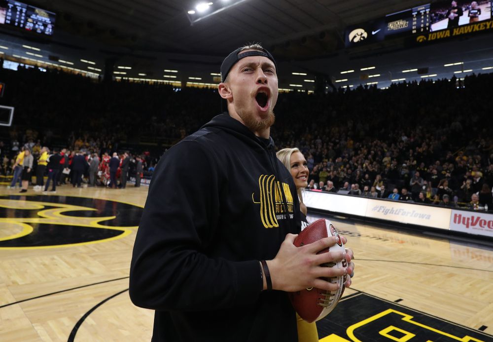 Former Hawkeye Football player and San Francisco 49ers Pro Bowl tight end George Kittle against the Ohio State Buckeyes Saturday, January 12, 2019 at Carver-Hawkeye Arena. (Brian Ray/hawkeyesports.com)
