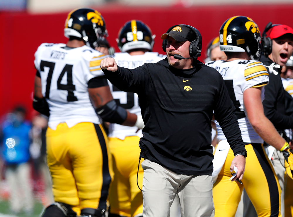 Offesnsive line coach Tim Polasek against the Indiana Hoosiers Saturday, October 13, 2018 at Memorial Stadium, in Bloomington, Ind. (Brian Ray/hawkeyesports.com)