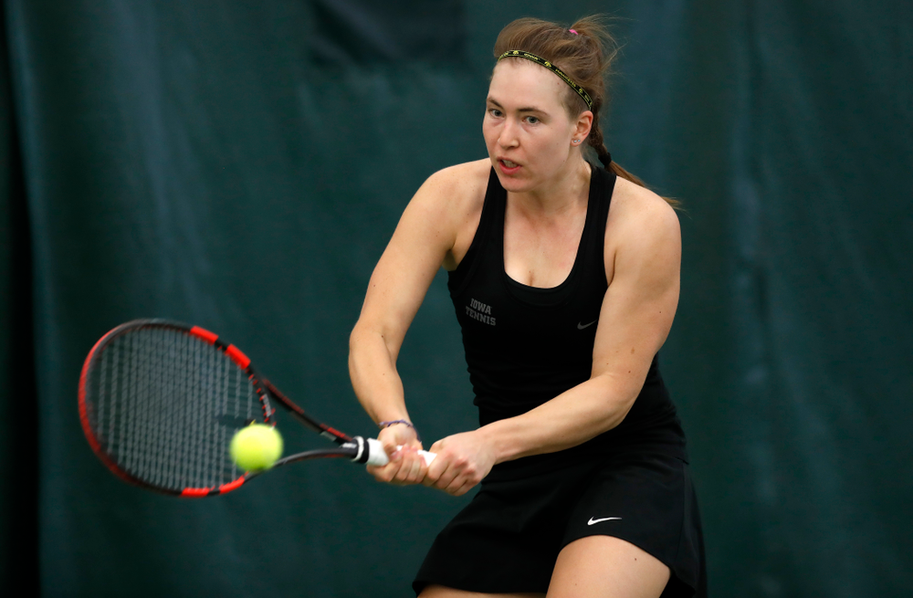 Anastasia Reimchen against Ohio State Sunday, March 25, 2018 at the Hawkeye Tennis and Recreation Center. (Brian Ray/hawkeyesports.com)