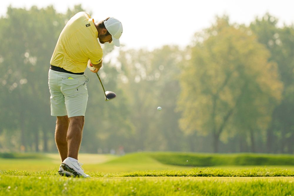 Iowa’s Gonzalo Leal tees off during the third day of the Golfweek Conference Challenge at the Cedar Rapids Country Club in Cedar Rapids on Tuesday, Sep 17, 2019. (Stephen Mally/hawkeyesports.com)
