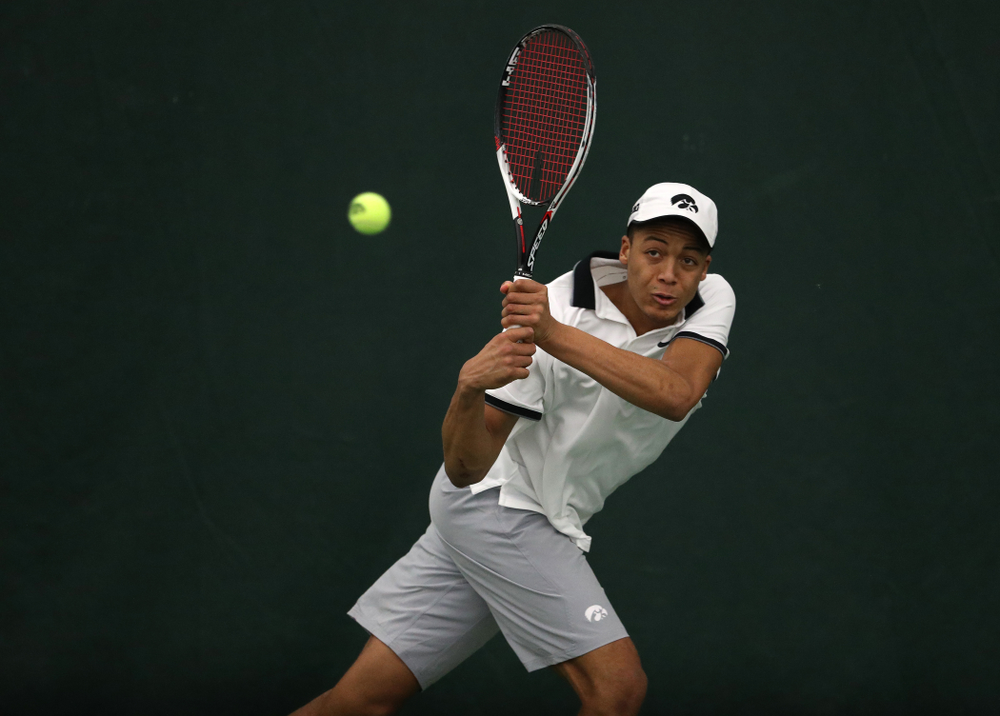 Iowa's Oliver Okonkwo against Western Michigan Saturday, January 19, 2019 at the Hawkeye Tennis and Recreation Complex. (Brian Ray/hawkeyesports.com)