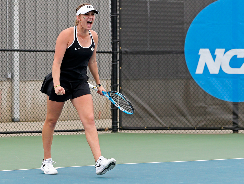 Iowa's Ashleigh Jacobs celebrates a score during their doubles match against Rutgers at the Hawkeye Tennis and Recreation Complex in Iowa City on Friday, Apr. 5, 2019. (Stephen Mally/hawkeyesports.com)