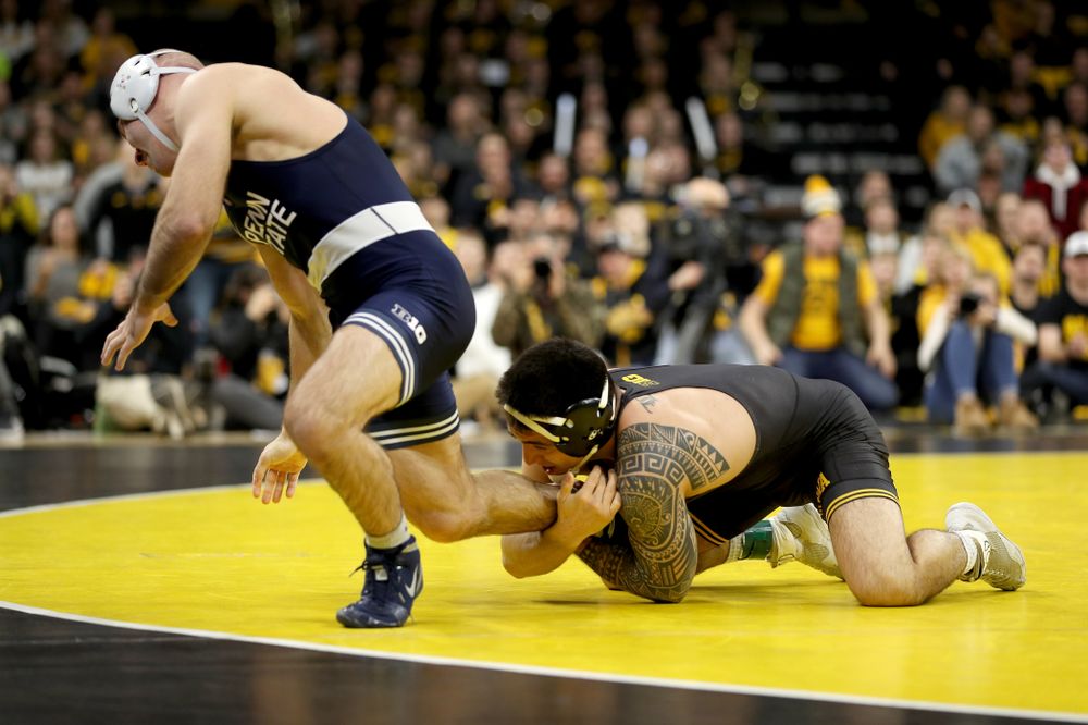 Iowa’s Pat Lugo wrestles Penn State’s Jarod Verkleeren at 149 pounds Friday, January 31, 2020 at Carver-Hawkeye Arena. Lugo defeated Verkleeren 6-1. (Brian Ray/hawkeyesports.com)