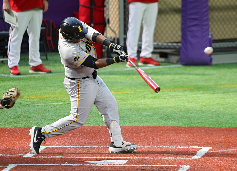 Iowa Hawkeyes infielder Izaya Fullard (20) bats during the fourth inning of their CambriaCollegeClassic game at U.S. Bank Stadium in Minneapolis, Minn. on Friday, February 28, 2020. (Stephen Mally/hawkeyesports.com)