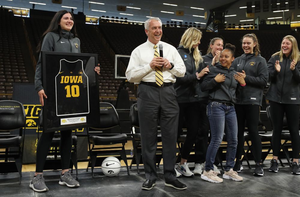 Henry B. and Patricia B. Tippie Director of Athletics Chair announces that the jersey of Iowa Hawkeyes forward Megan Gustafson (10) will be retired at a ceremony next season during the teamÕs Celebr-Eight event Wednesday, April 24, 2019 at Carver-Hawkeye Arena. (Brian Ray/hawkeyesports.com)