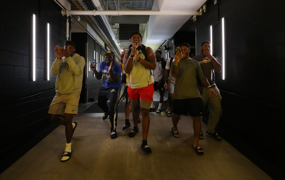 The Hawkeye Football Team sees the updates to their entrance tunnel at Kinnick Stadium for the first time Thursday, August 22, 2019 in Iowa City. (Brian Ray/hawkeyesports.com)