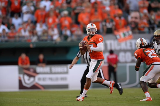University of Miami Hurricanes quarterback Stephen Morris #17 completed 12 of 25 passes for 162 yards and 2 touchdowns in a game against the Georgia...