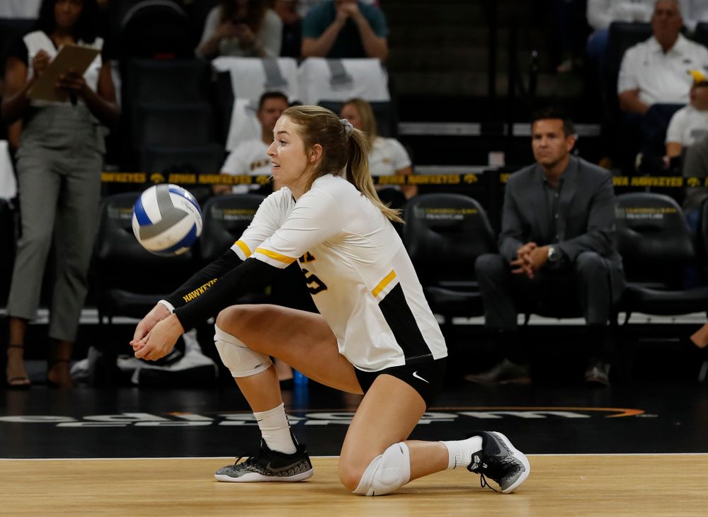Iowa Hawkeyes outside hitter Meghan Buzzerio (5) against the Michigan State Spartans Friday, September 21, 2018 at Carver-Hawkeye Arena. (Brian Ray/hawkeyesports.com)