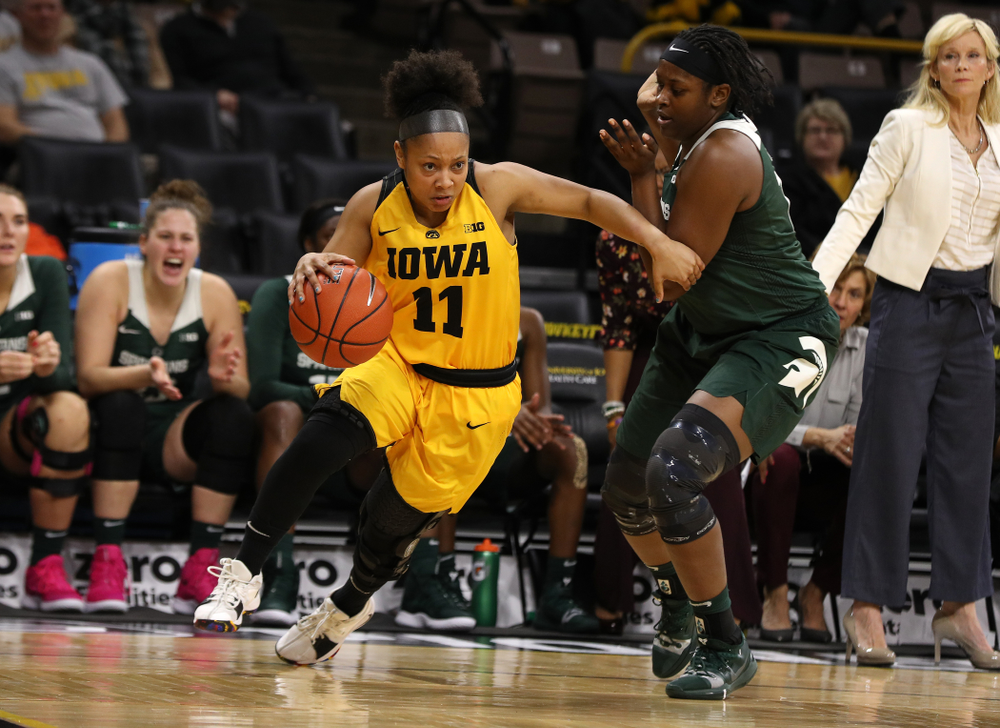 Iowa Hawkeyes guard Tania Davis (11) against the Michigan State Spartans Thursday, February 7, 2019 at Carver-Hawkeye Arena. (Brian Ray/hawkeyesports.com)