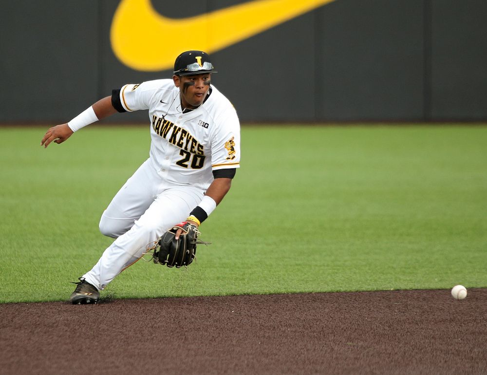 Iowa infielder Izaya Fullard (20) fields a ground ball during the seventh inning of their college baseball game at Duane Banks Field in Iowa City on Wednesday, March 11, 2020. (Stephen Mally/hawkeyesports.com)