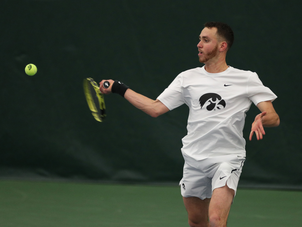 Iowa’s Karem Allaf against Cornell Sunday, March 8, 2020 at the Hawkeye Tennis and Recreation Center. (Brian Ray/hawkeyesports.com)