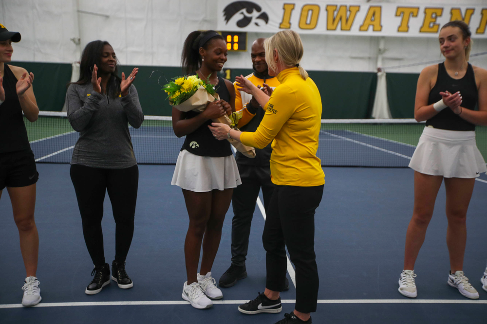 IowaÕs Adorabol Huckleby at womenÕs tennis senior day vs Nebraska on Saturday, April 13, 2019 at the Hawkeye Tennis and Recreation Complex. (Lily Smith/hawkeyesports.com)