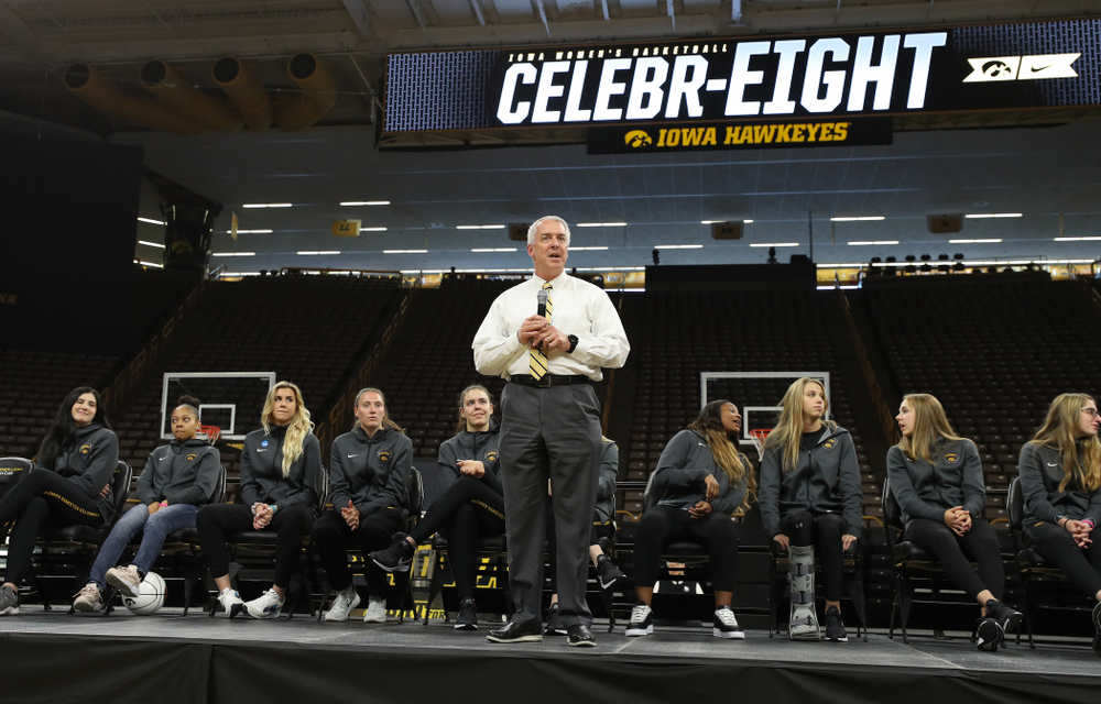 Henry B. and Patricia B. Tippie Director of Athletics Chair announces that the jersey of Iowa Hawkeyes forward Megan Gustafson (10) will be retired at a ceremony next season during the teamÕs Celebr-Eight event Wednesday, April 24, 2019 at Carver-Hawkeye Arena. (Brian Ray/hawkeyesports.com)