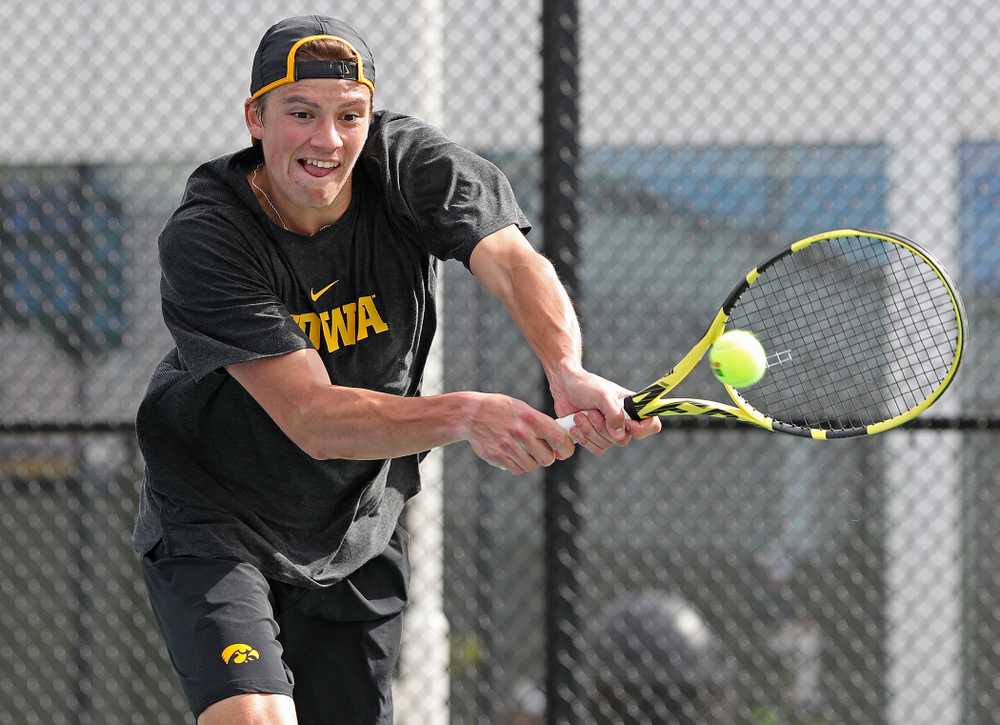 Iowa's Joe Tyler competes during a match against Ohio State at the Hawkeye Tennis and Recreation Complex in Iowa City on Sunday, Apr. 7, 2019. (Stephen Mally/hawkeyesports.com)