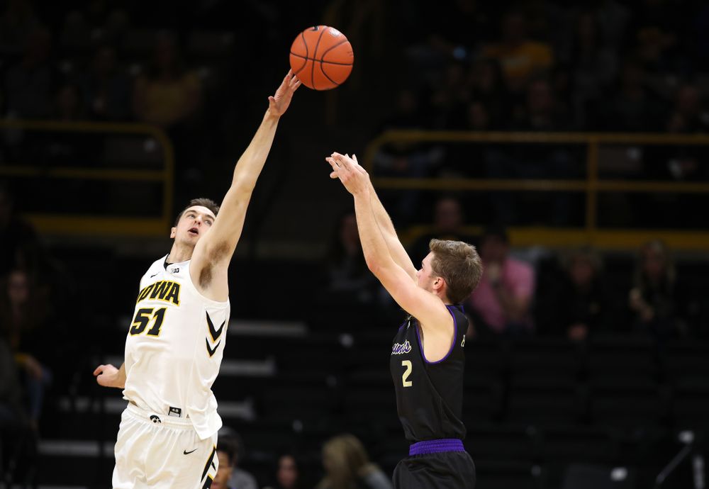 Iowa Hawkeyes forward Nicholas Baer (51) against the Western Carolina Catamounts Tuesday, December 18, 2018 at Carver-Hawkeye Arena. (Brian Ray/hawkeyesports.com)