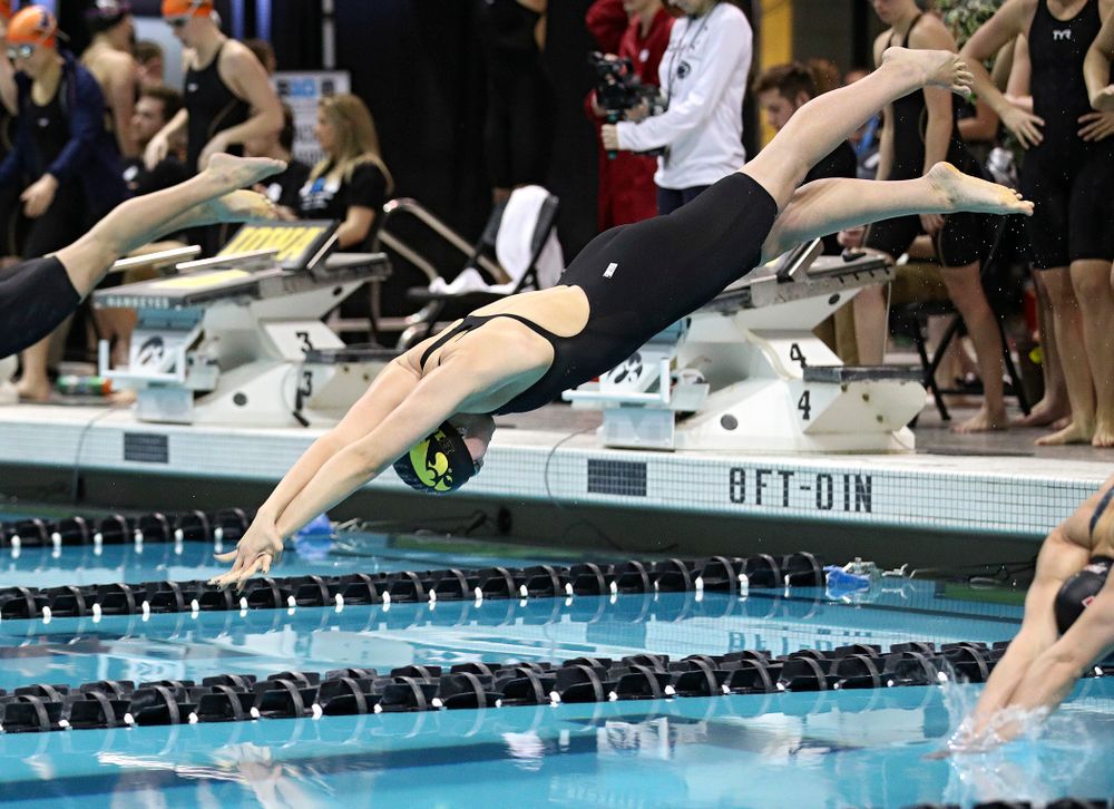 Iowa’s Hannah Burvill swims in the women’s 200 yard freestyle relay event during the 2020 Women’s Big Ten Swimming and Diving Championships at the Campus Recreation and Wellness Center in Iowa City on Friday, February 21, 2020. (Stephen Mally/hawkeyesports.com)