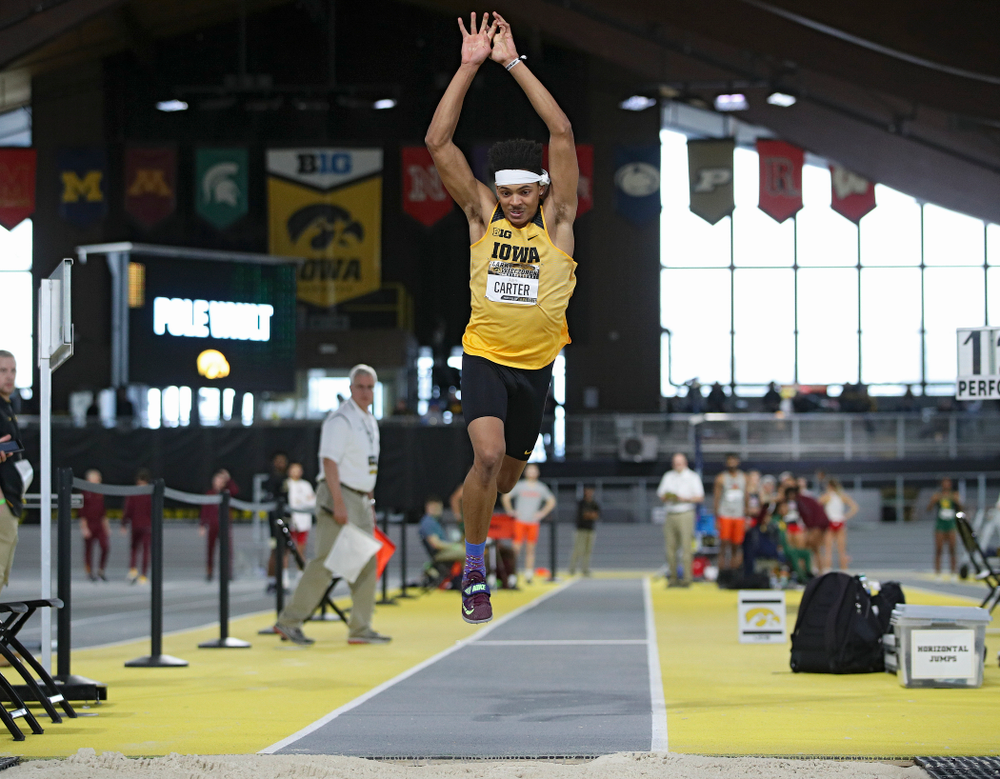 Iowa’s James Carter competes in the men’s triple jump event during the Larry Wieczorek Invitational at the Recreation Building in Iowa City on Saturday, January 18, 2020. (Stephen Mally/hawkeyesports.com)