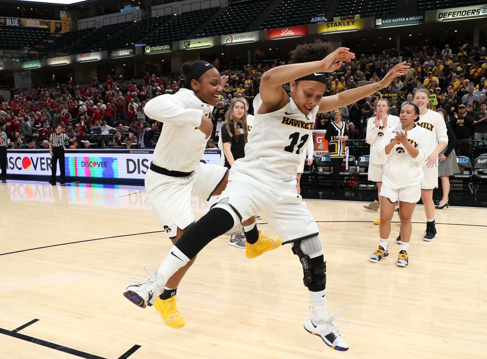 Iowa Hawkeyes guard Tania Davis (11) and guard Zion Sanders (24) against the Indiana Hoosiers in the quarterfinals of the Big Ten Tournament Friday, March 8, 2019 at Bankers Life Fieldhouse in Indianapolis, Ind. (Brian Ray/hawkeyesports.com)