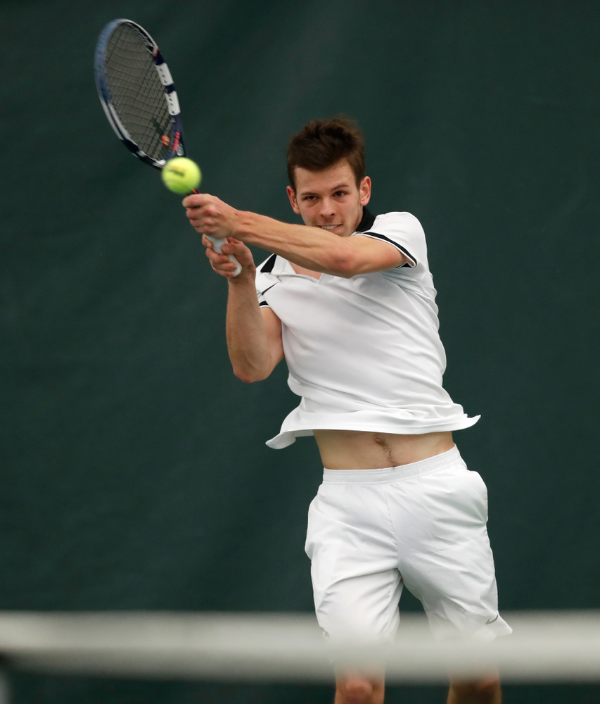 Piotr Smietana against Purdue Sunday, April 15, 2018 at the Hawkeye Tennis and Recreation Center. (Brian Ray/hawkeyesports.com)