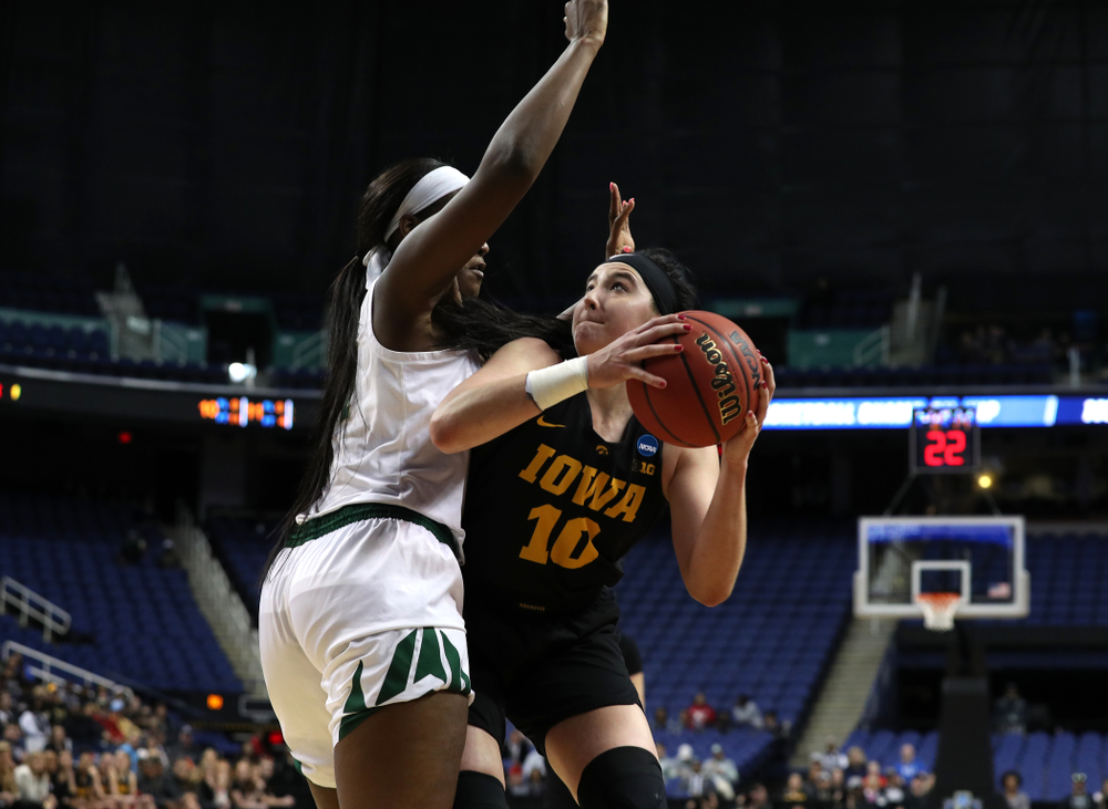 Iowa Hawkeyes forward Megan Gustafson (10) against the Baylor Lady Bears in the regional final of the 2019 NCAA Women's College Basketball Tournament Monday, April 1, 2019 at Greensboro Coliseum in Greensboro, NC.(Brian Ray/hawkeyesports.com)
