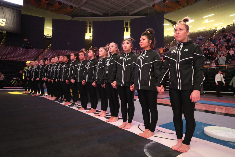 The Iowa Hawkeyes stand for the National Anthem before their meet against Southeast Missouri State Friday, January 11, 2019 at Carver-Hawkeye Arena. (Brian Ray/hawkeyesports.com)
