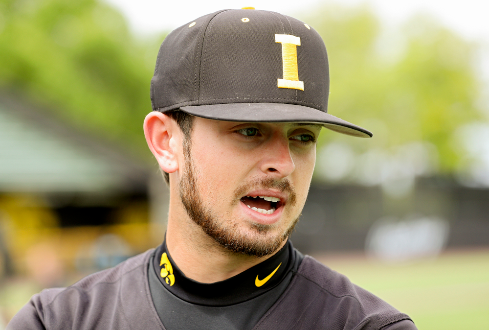 Iowa’s Mitchell Boe answers questions from the media at Duane Banks Field in Iowa City on Monday, May 20, 2019. (Stephen Mally/hawkeyesports.com)