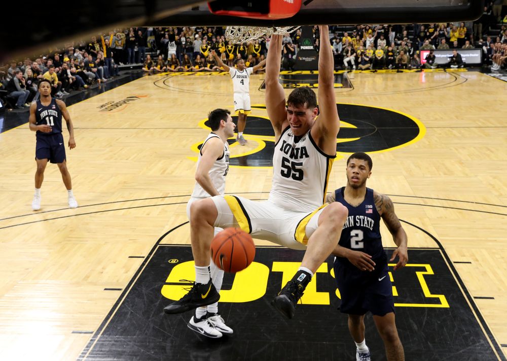 Iowa Hawkeyes forward Luka Garza (55) dunks the ball against Penn State Saturday, February 29, 2020 at Carver-Hawkeye Arena. (Brian Ray/hawkeyesports.com)
