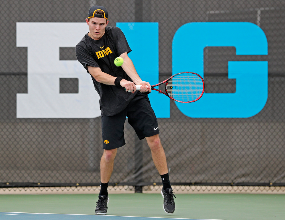 Iowa's Jonas Larsen competes during a match against Ohio State at the Hawkeye Tennis and Recreation Complex in Iowa City on Sunday, Apr. 7, 2019. (Stephen Mally/hawkeyesports.com)