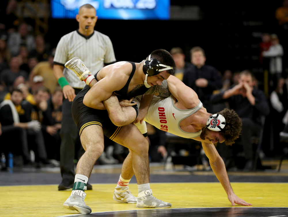 Iowa’s Pat Lugo wrestles Ohio State’s Sammy Sasso at 149 pounds Friday, January 24, 2020 at Carver-Hawkeye Arena. Sasso won the match with a 2-1 in overtime. (Brian Ray/hawkeyesports.com)