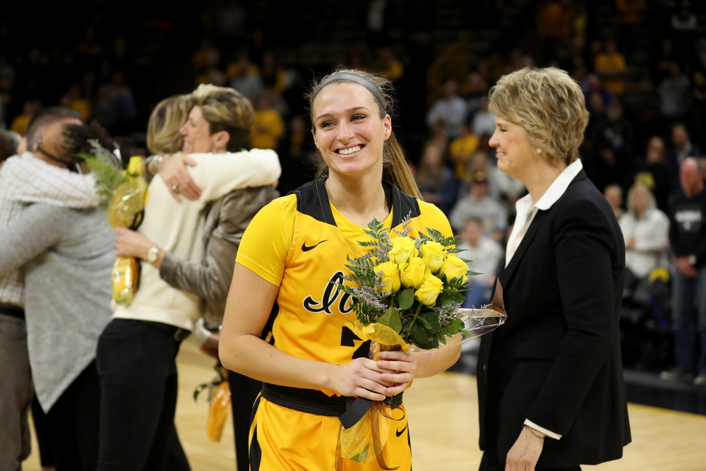 Iowa Hawkeyes guard Makenzie Meyer (3) during senior day activities following their win over the Minnesota Golden Gophers Thursday, February 27, 2020 at Carver-Hawkeye Arena. (Brian Ray/hawkeyesports.com)