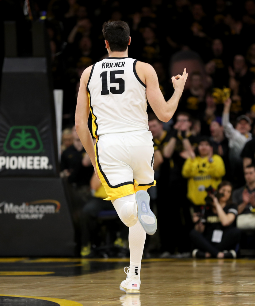 Iowa Hawkeyes forward Ryan Kriener (15) against the Purdue Boilermakers Tuesday, March 3, 2020 at Carver-Hawkeye Arena. (Brian Ray/hawkeyesports.com)