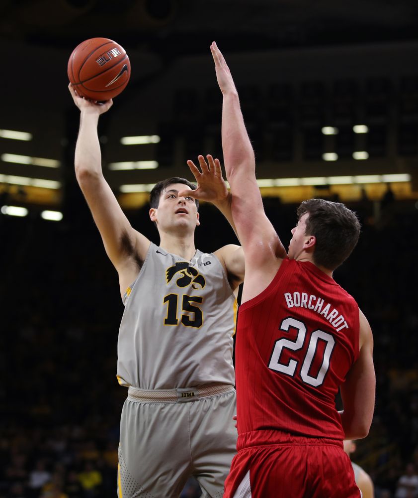 Iowa Hawkeyes forward Ryan Kriener (15) against the Nebraska Cornhuskers Sunday, January 6, 2019 at Carver-Hawkeye Arena. (Brian Ray/hawkeyesports.com)