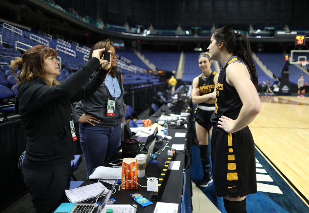 Iowa Hawkeyes forward Megan Gustafson (10) during practice and media before the regional final of the 2019 NCAA Women's College Basketball Tournament against the Baylor Bears Sunday, March 31, 2019 at Greensboro Coliseum in Greensboro, NC.(Brian Ray/hawkeyesports.com)