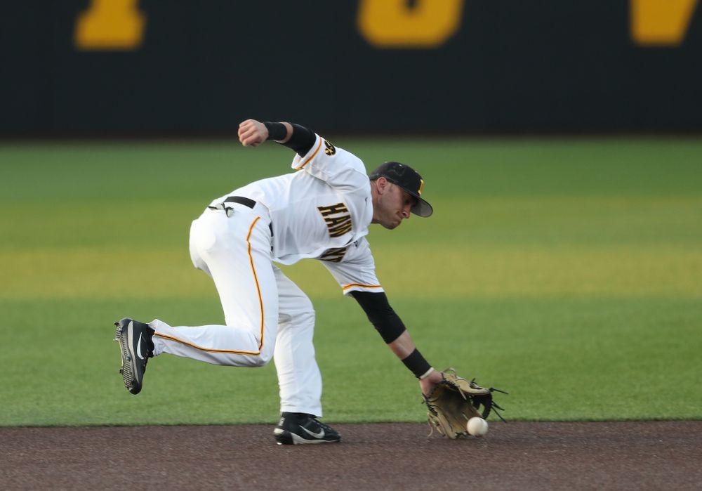 Iowa Hawkeyes Tanner Wetrich (16) makes a play during game one against UC Irvine Friday, May 3, 2019 at Duane Banks Field. (Brian Ray/hawkeyesports.com)