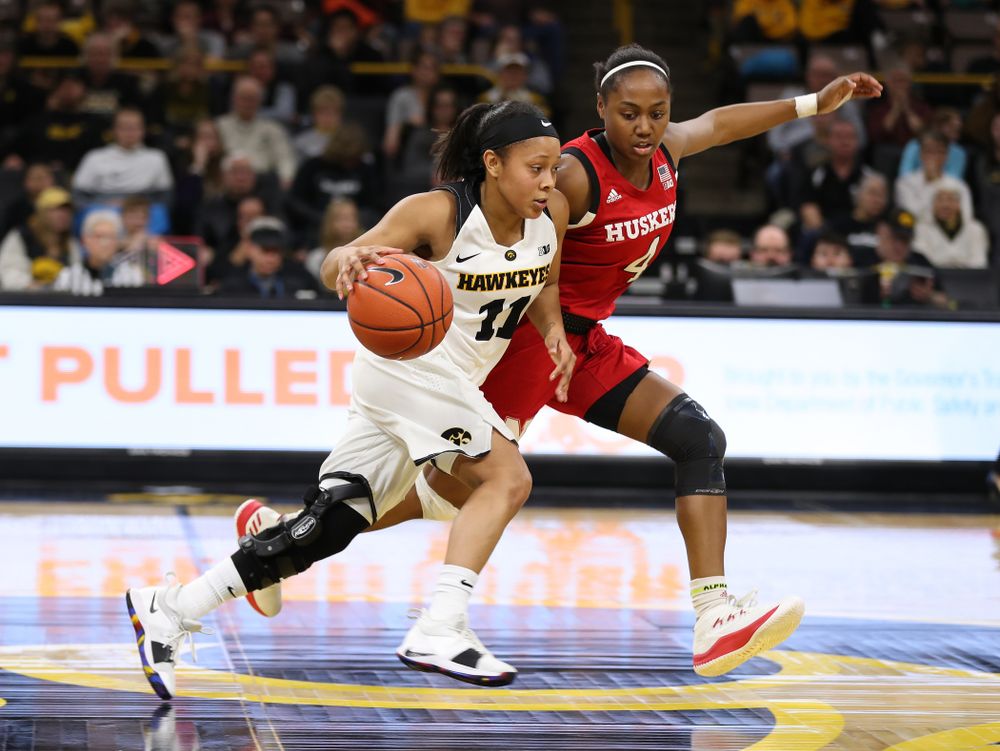 Iowa Hawkeyes guard Tania Davis (11) against the Nebraska Cornhuskers Thursday, January 3, 2019 at Carver-Hawkeye Arena. (Brian Ray/hawkeyesports.com)