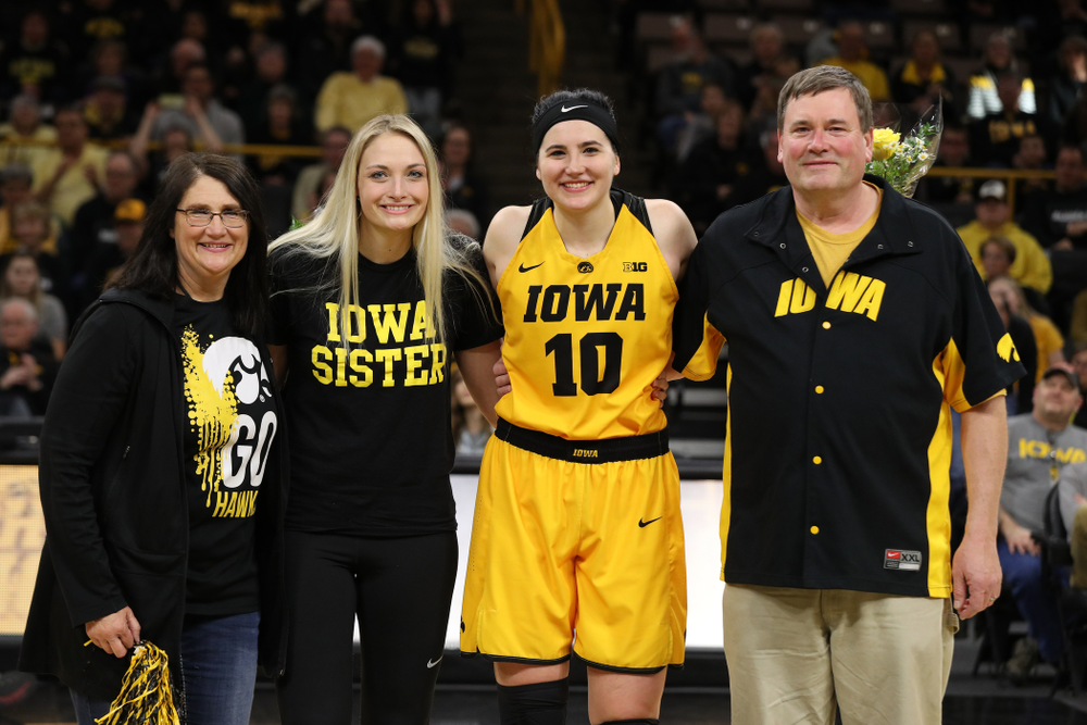 Iowa Hawkeyes forward Megan Gustafson (10) during senior day ceremonies following their game against the Northwestern Wildcats Sunday, March 3, 2019 at Carver-Hawkeye Arena. (Brian Ray/hawkeyesports.com)