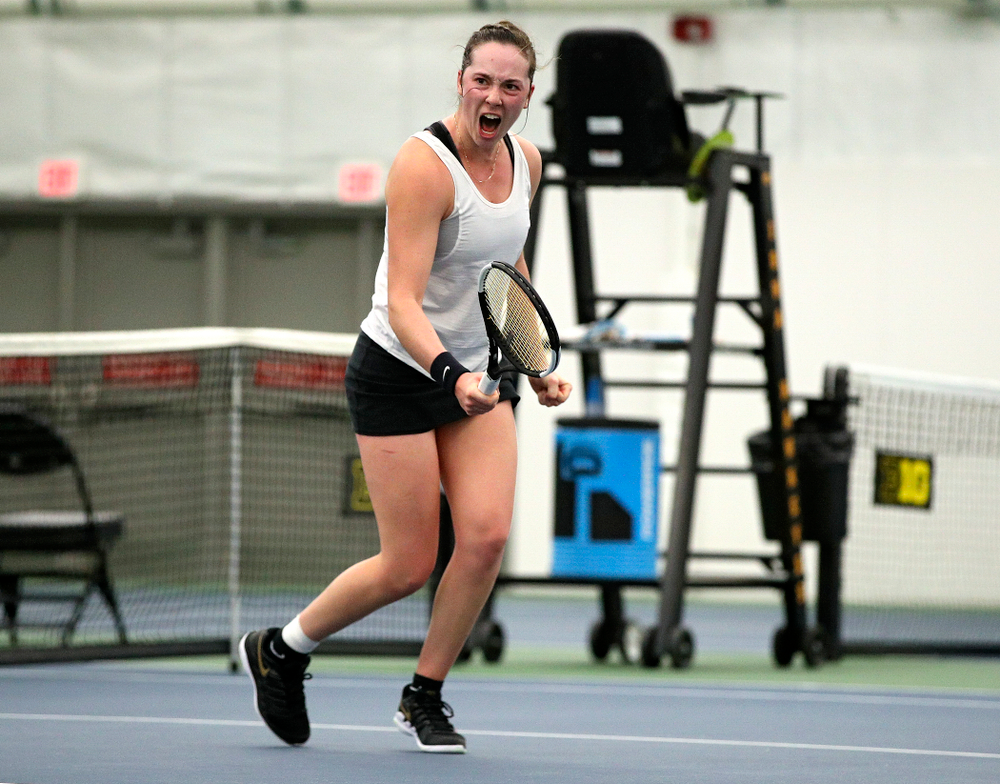 Iowa’s Samantha Mannix celebrates a point during her singles match at the Hawkeye Tennis and Recreation Complex in Iowa City on Sunday, February 23, 2020. (Stephen Mally/hawkeyesports.com)
