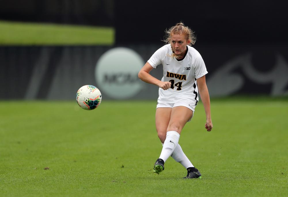 Iowa Hawkeyes defender Leah Moss (14) during a 6-1 win over Northern Iowa Sunday, August 25, 2019 at the Iowa Soccer Complex. (Brian Ray/hawkeyesports.com)